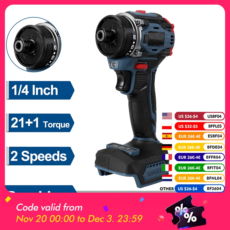280 N.m 1/4 Zoll bürstenloser Elektroschrauber 21+1 Gang Zwei Geschwindigkeit Akku-Bohrmaschine Werkzeug für 18 V Batterie