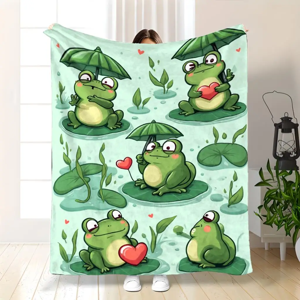 Cute Frog Blanket Cartoon Frogs With Umbrellas And Hearts Green Lily Pad Design Soft Fleece Throw Cozy Kids Room Decor Gift Idea