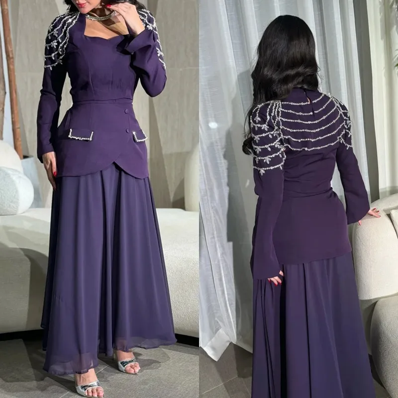 

Modern Chiffon A-Line Long Sleeves Evening Dresse Simple Square Collar Pleat Beaded Crystal Prom Gowns Ankle Length Customized