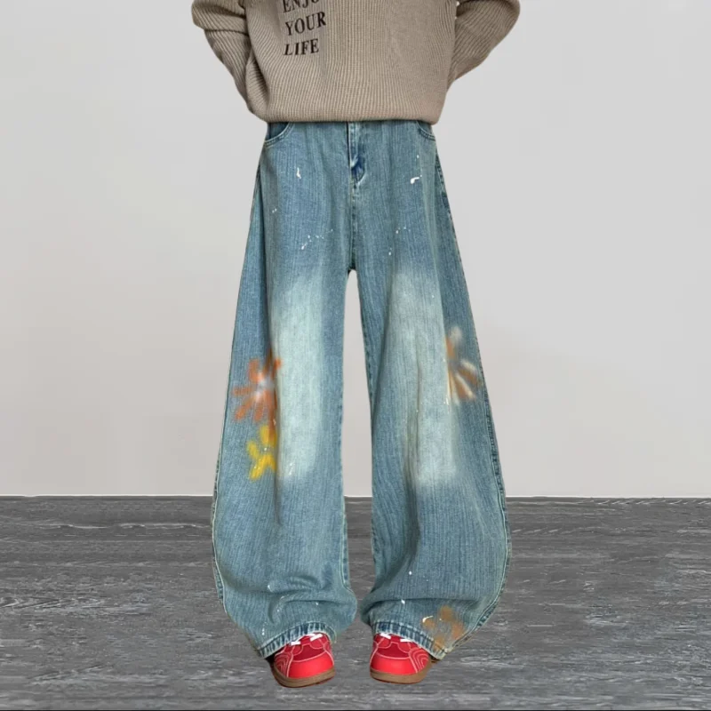 2026 Cyber Y2K Streetwear Vintage Blue Painting Baggy Jeans Pants For Men Clothing Wide Leg Gothic Denim Trousers Pantalon Homme