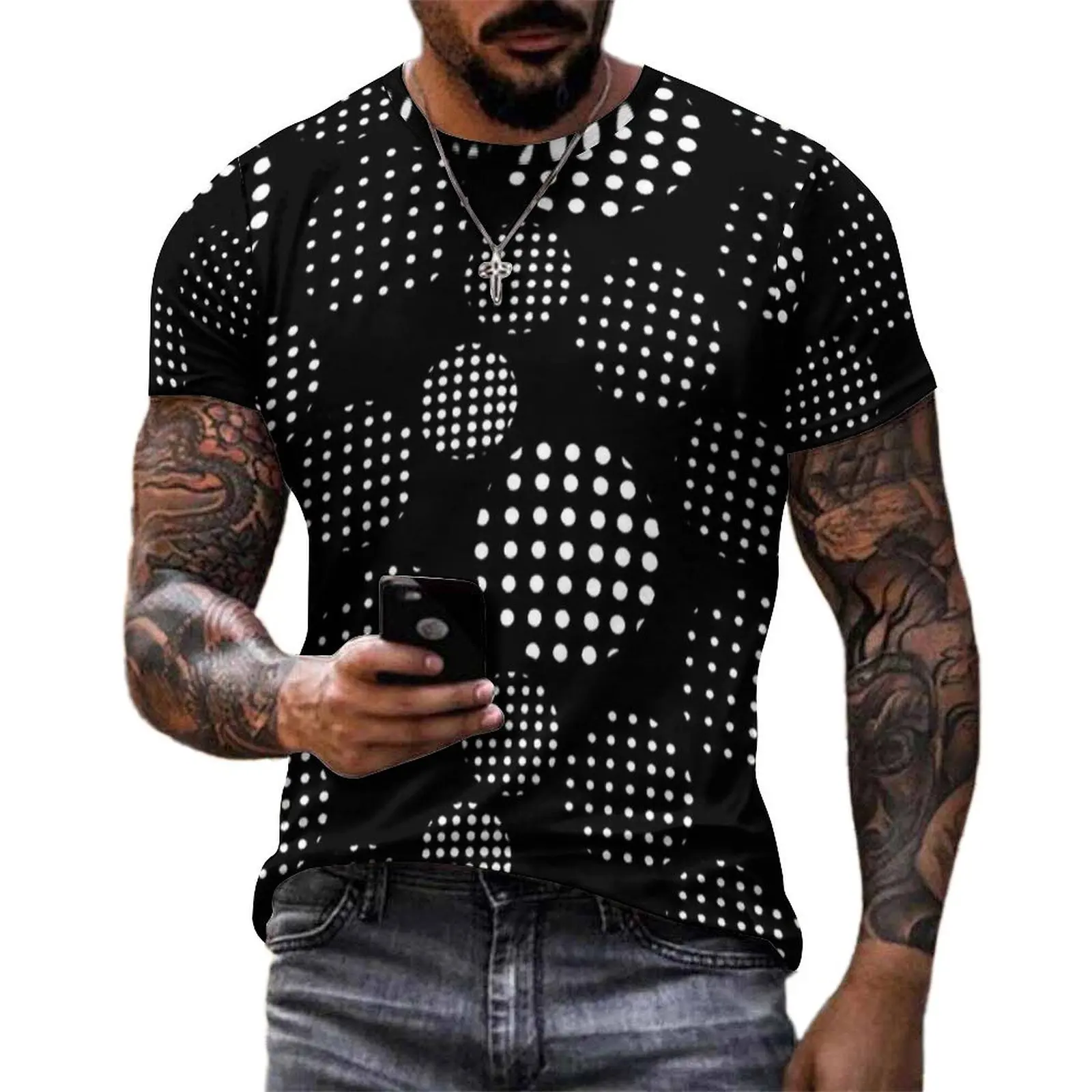 Black White Circle Dot Within Circle Print T Shirt Y2K Casual T-Shirts O Neck Popular Tshirt Premium Male Graphic Tees Plus Size