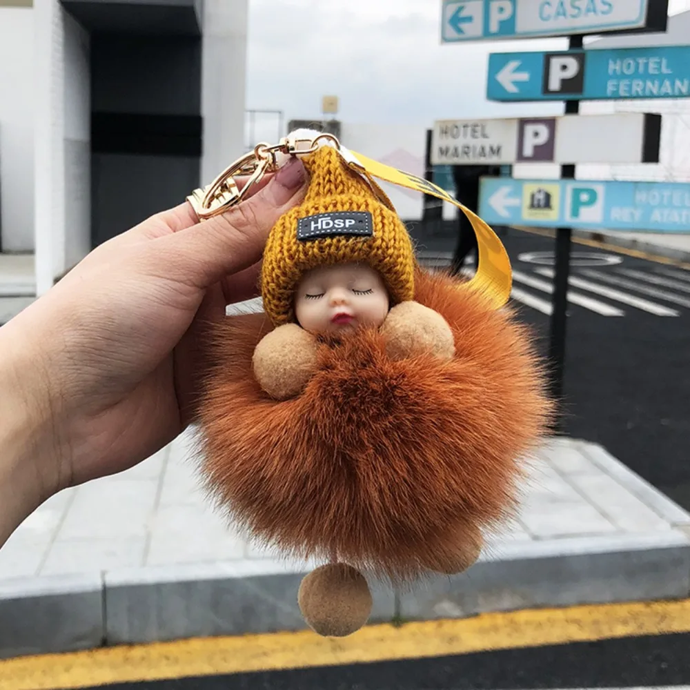 Plush Doll Pompom Sleeping Baby Keychain Colorful Pompom Cute Fluffy Plush Doll Key Chain Baby Doll Fluffy