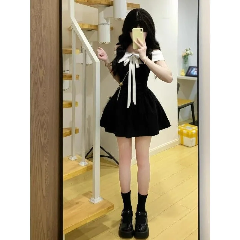 Schulterfreies Minikleid für Damen, kontrastfarben, mit Schleife, Puffärmeln, hoher Taille, ausgestelltem Rock, süßer Mädchen-Stil
