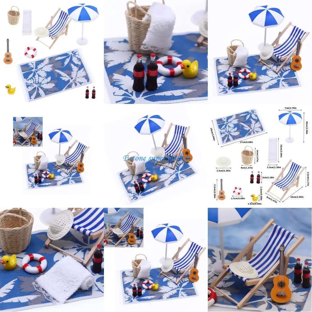090B 미니어처 해변 세트 1/12 인형 집 장면 액세서리 나무 라운지 의자 포함