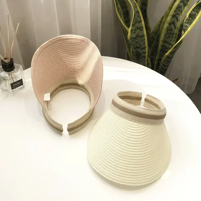 2024 New Summer Empty Top Sun Hat Anti Uv Female Outdoor Visor Cap Casual Shade Hat Straw Wide Large Brim Beach Sunhat Lady