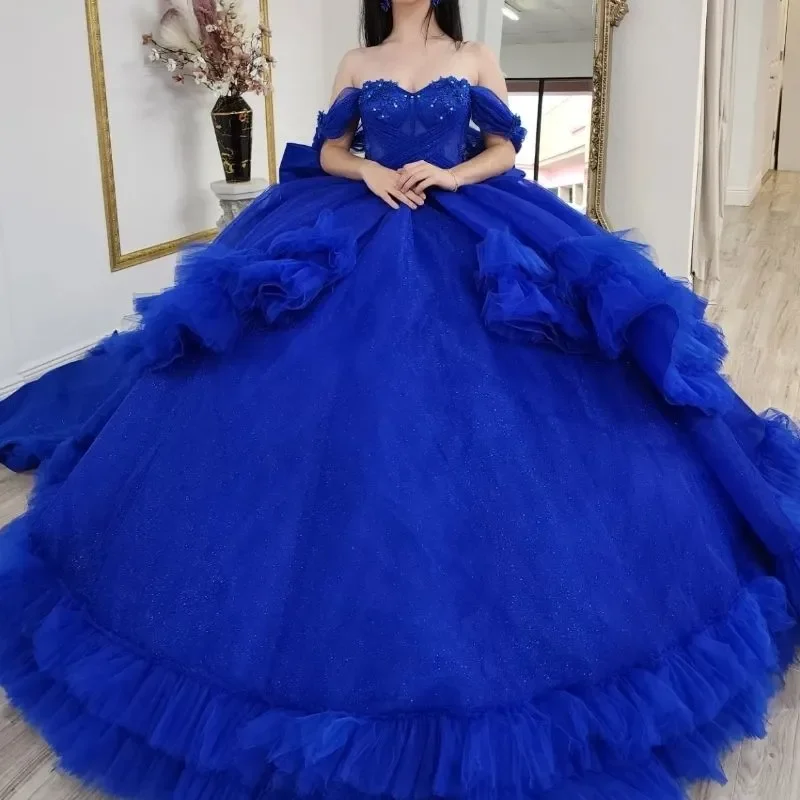 ANGELSBRIDEP-Vestidos De quinceañera mexicanos, azul real, con hombros descubiertos, apliques De encaje, corsé, Vestidos De Novia, vestidos De baile personalizados