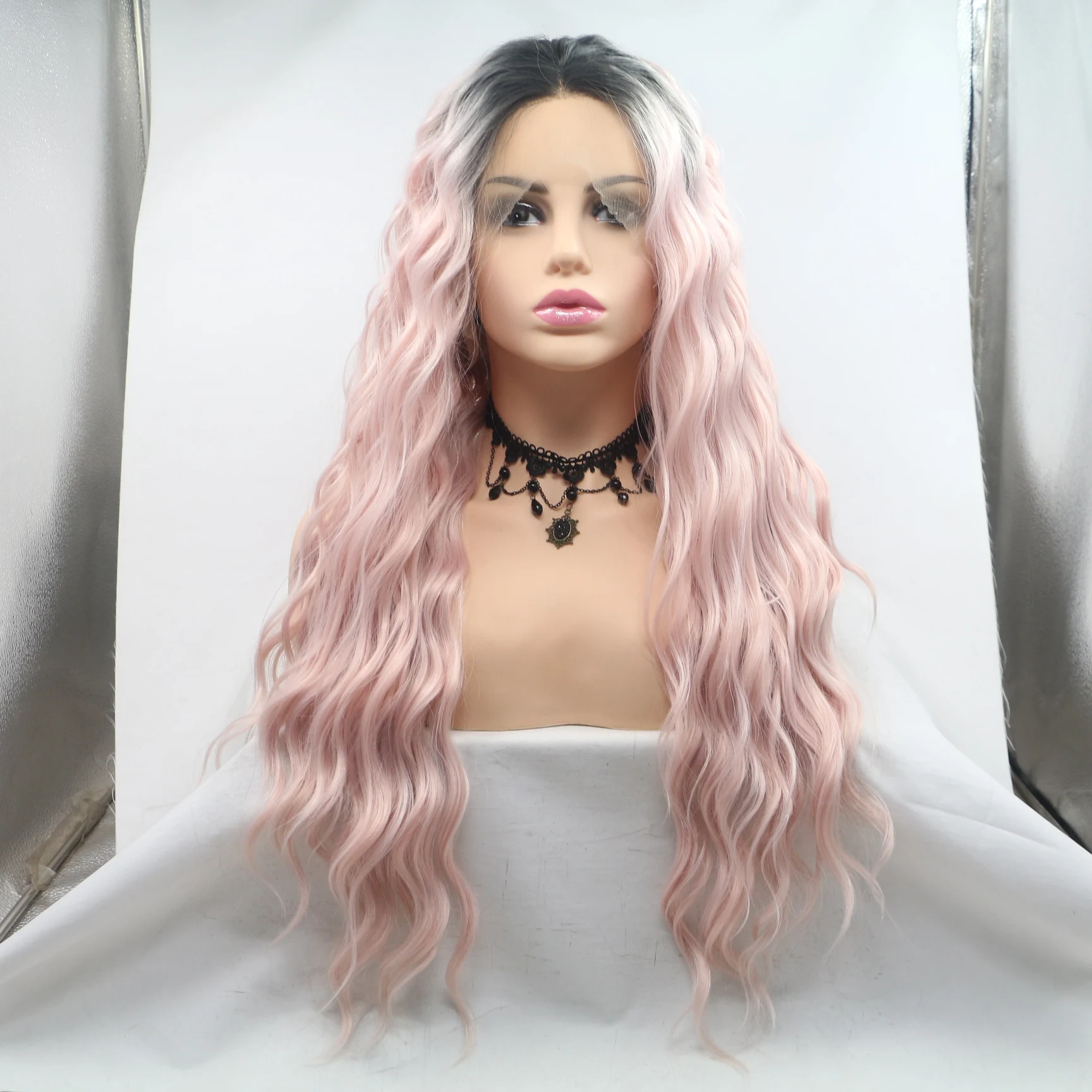 

Ombre Pink Long Loose Wave Hair Topper Synthetic Lace Front Wigs For Women Hair With Heat Resistant Fiber Wig