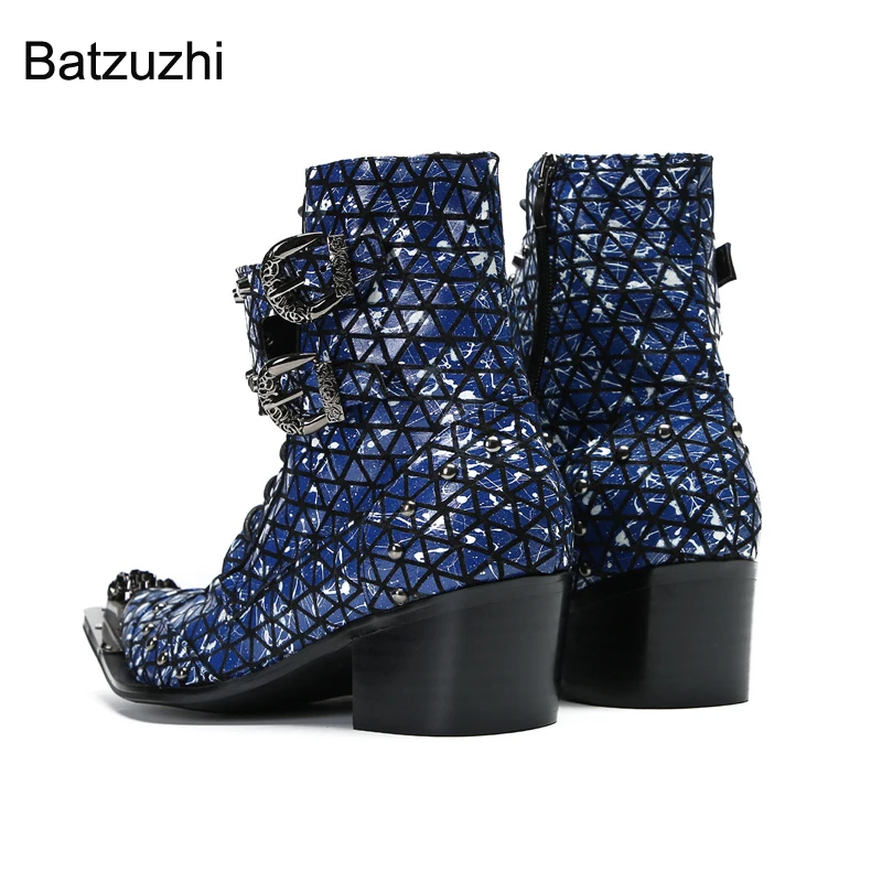 Batzuzhi 6.5CM Heels Men\'s Boots Punk Iron Toe Blue Genuine Leather Ankle Boots Men Zip Buckles Knight Boot for Man, EU38-46