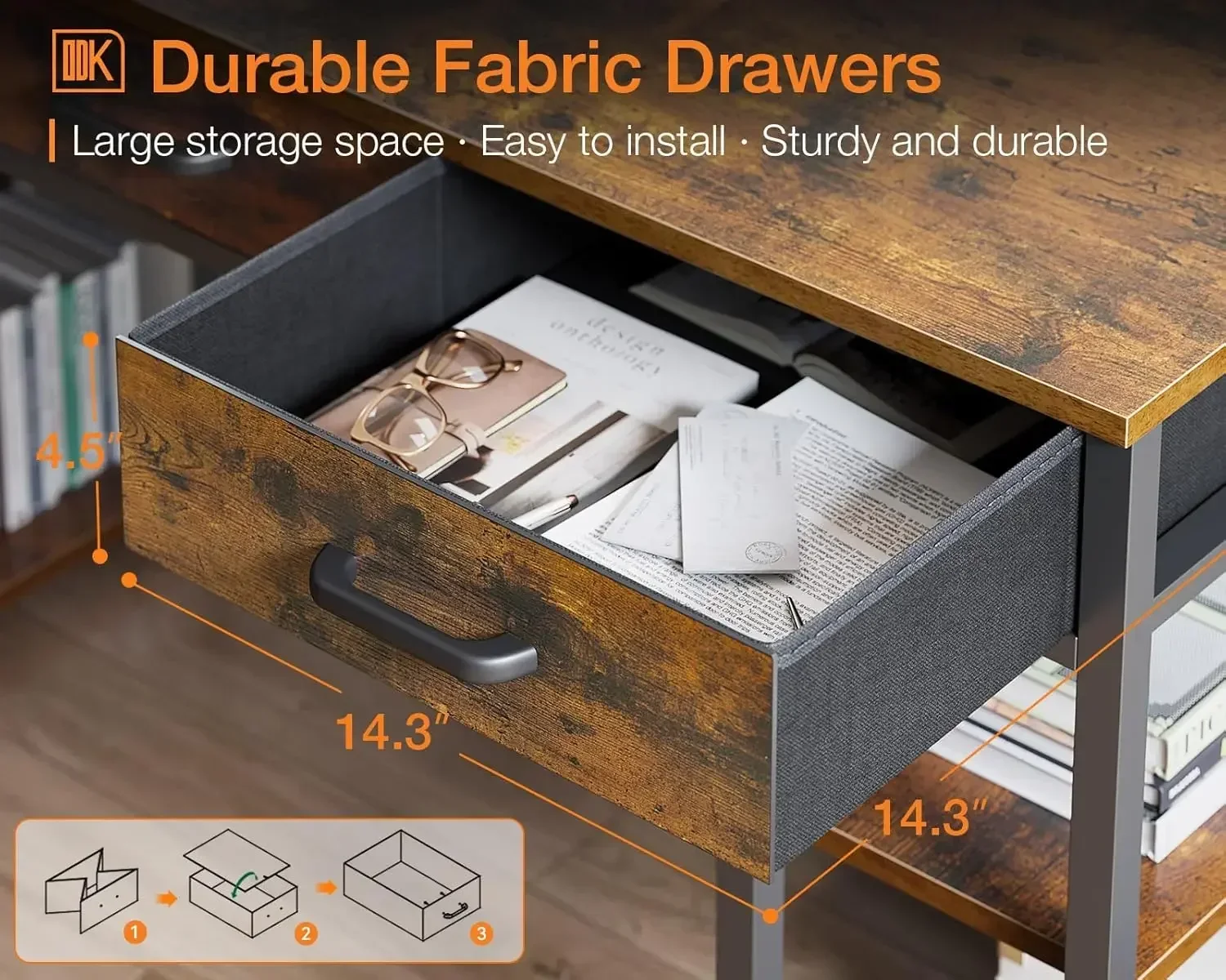 Office Small Computer Desk: Home Table with Fabric Drawers & Storage Shelves, Modern Writing Desk, Vintage, 48"x16"