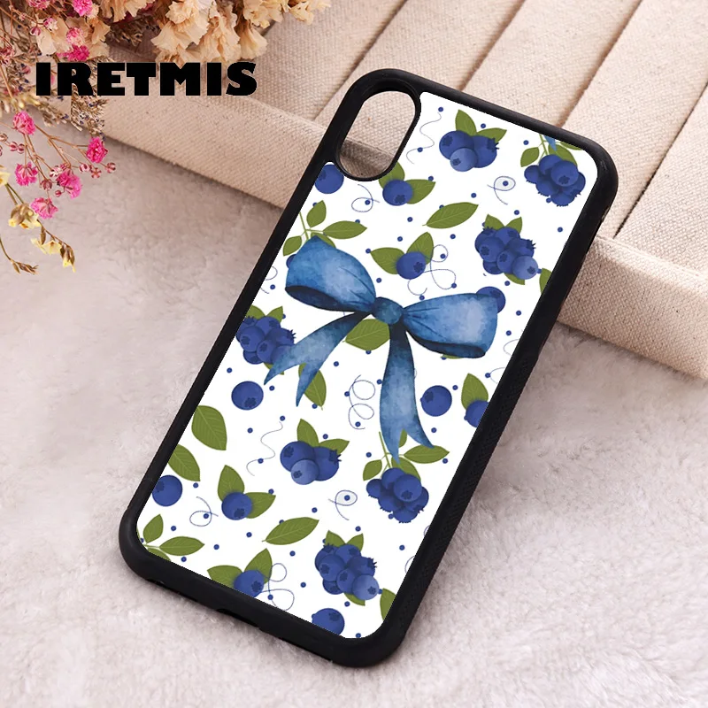 Iretmis Phone Cover Case For iPhone X XS Max XR 11 12 13 PRO MINI 14 15 16 Plus Rubber Silicone Blue Bow Blueberry