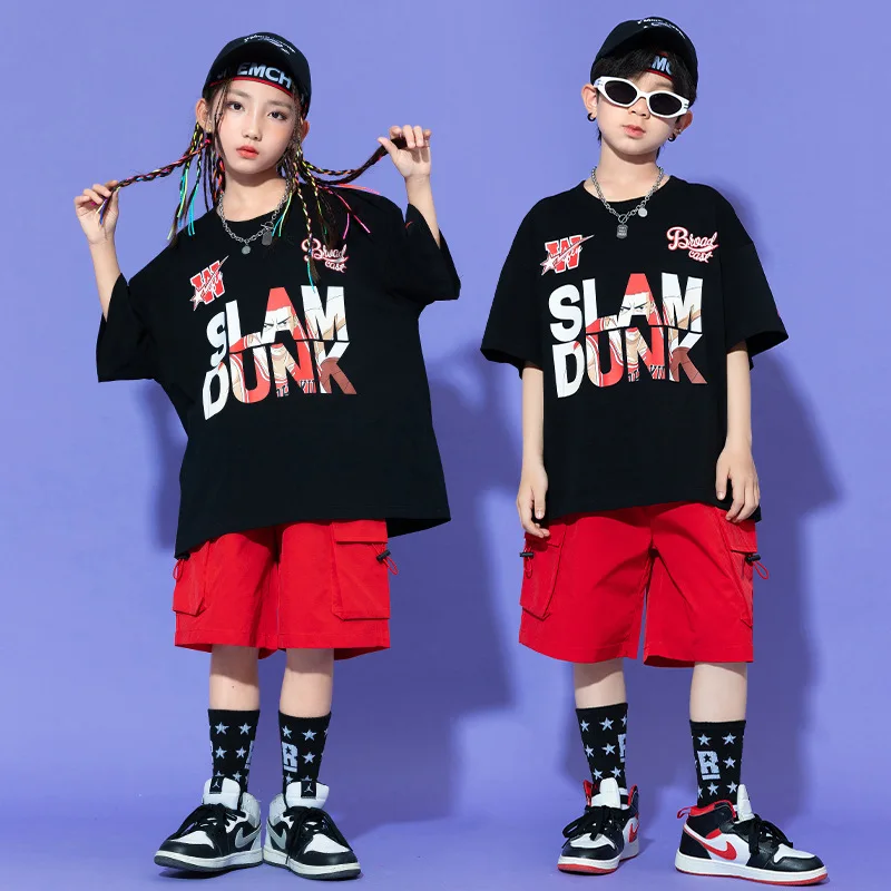 Costume hip-hop per ragazzi Top a maniche lunghe per ragazze Pantaloni cargo rossi Abiti da ballo jazz per bambini Abbigliamento da spettacolo Abbigliamento da palcoscenico
