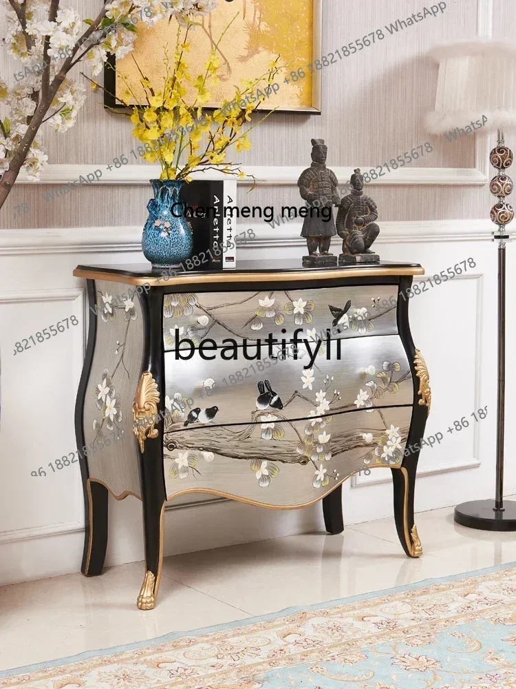 M178 A New Chinese-style entrance cabinet silver foil painted flowers and birds original classic living room decorative cabinet