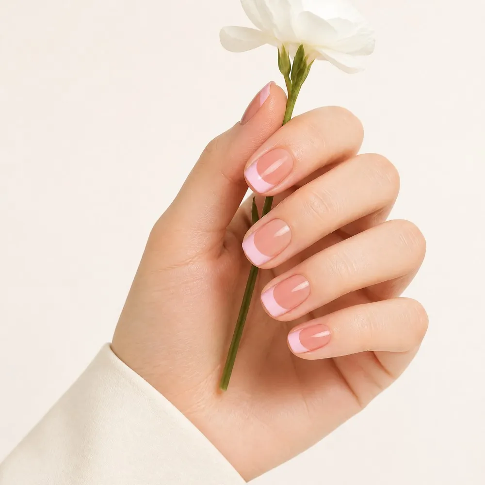 French Style Short Pink Edged Nail Tips Wearable False Nails Simple Almond Shape Manicure Nail Art Cross-Border Beauty Accessori