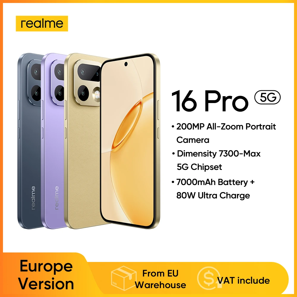 realme Smartphone 16 Pro 5G con processore Mediatek Dimensity 7300, batteria Max Mah, ricarica rapida 45W, display AMOLED da 6,78Hz, fotocamera da 200