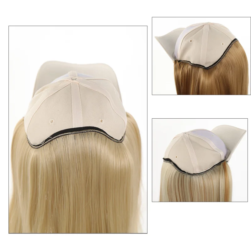 Gorra de béisbol sintética con extensiones de cabello para mujer, sombrero largo y recto, pelucas ajustables, dorado, negro Natural