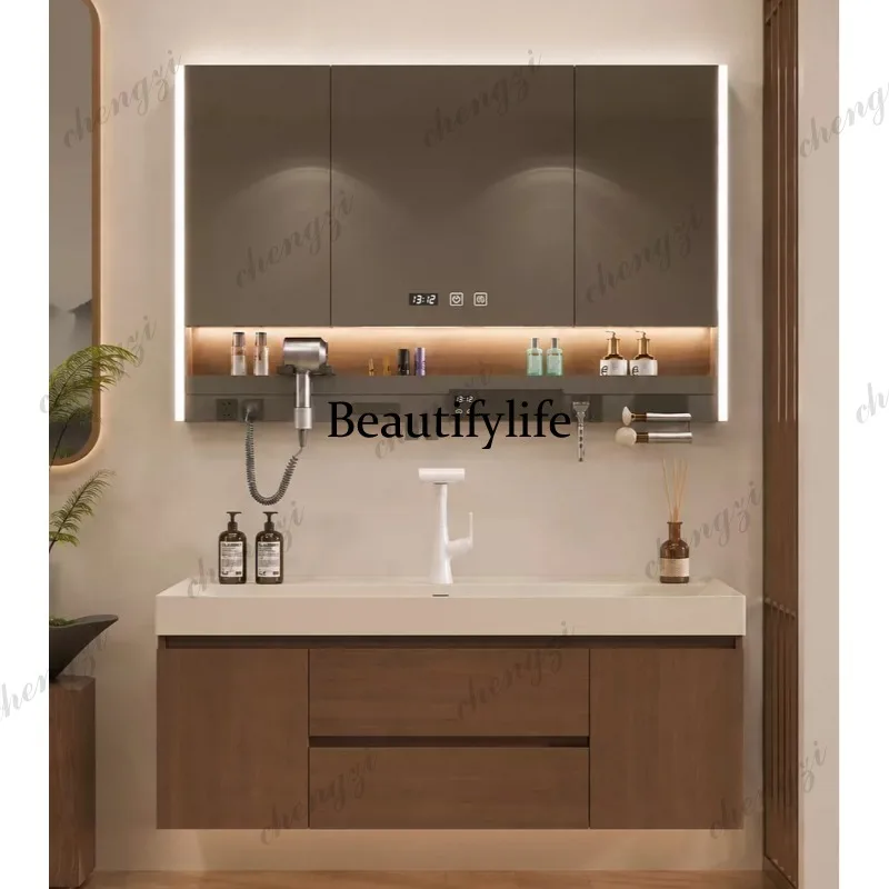 Medieval walnut color bathroom cabinet multi-layer solid wood board paint-free integrated smart mirror cabinet  combination