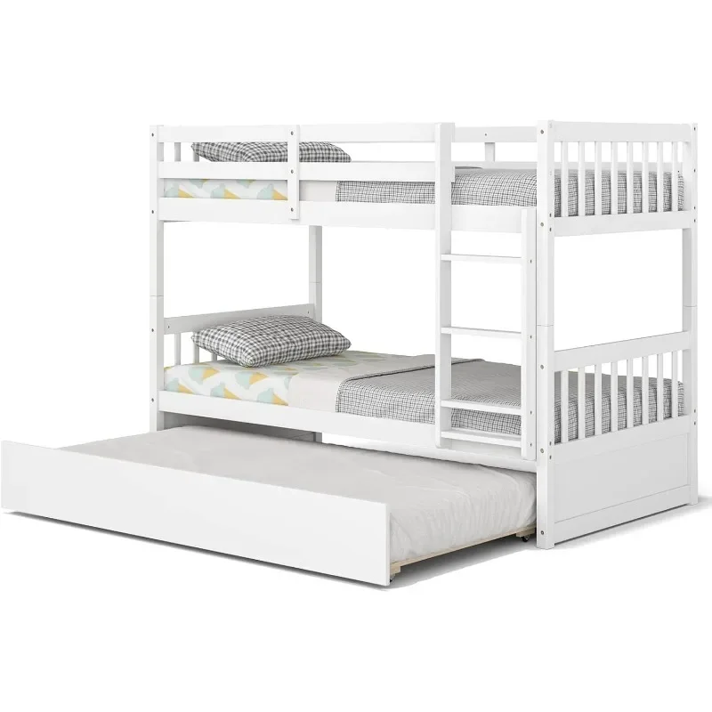 Wood Bunk Bed with Trundle Solid Pine Frame with Ladder Safety Guardrails, Space-Saving Convertible Bunk Bed for Home Dormitory