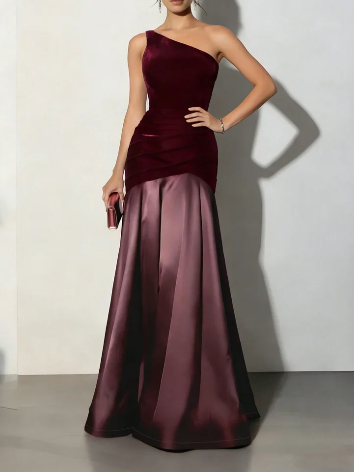 Elegant One Shoulder Velvet Satin Evening Gown
