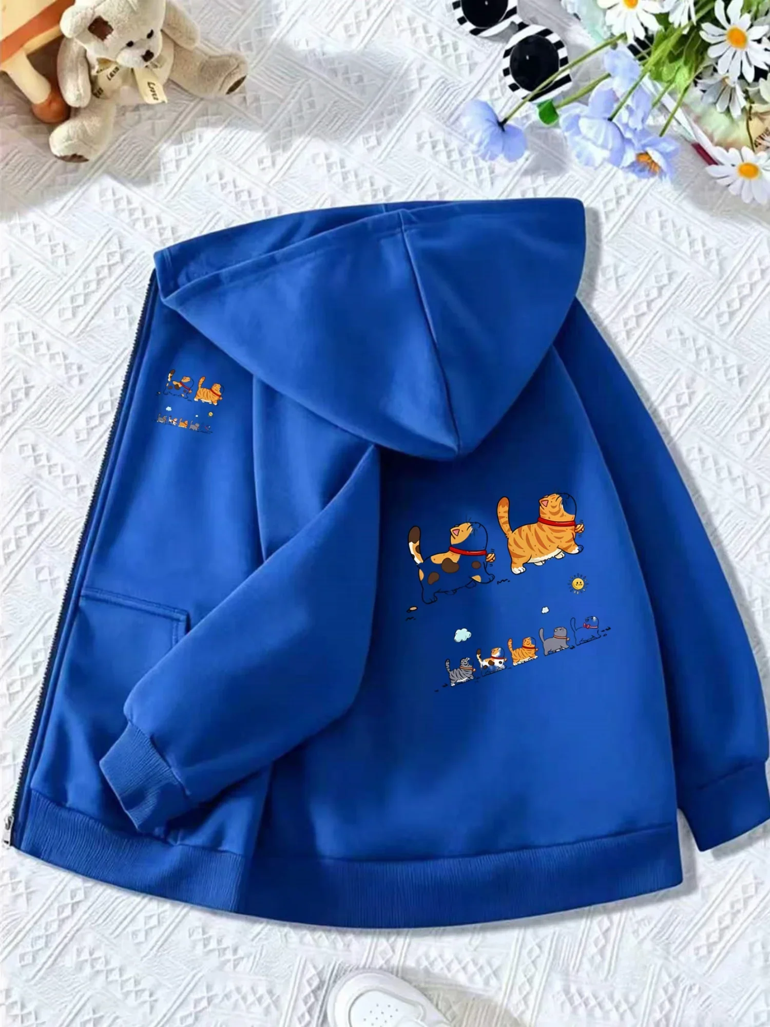 Kids Zip Up Hooded Jacket Cute Cartoon Walking Cats Sun Cloud Graphic Long Sleeve Casual Hoodie Daily Outdoor Street Top