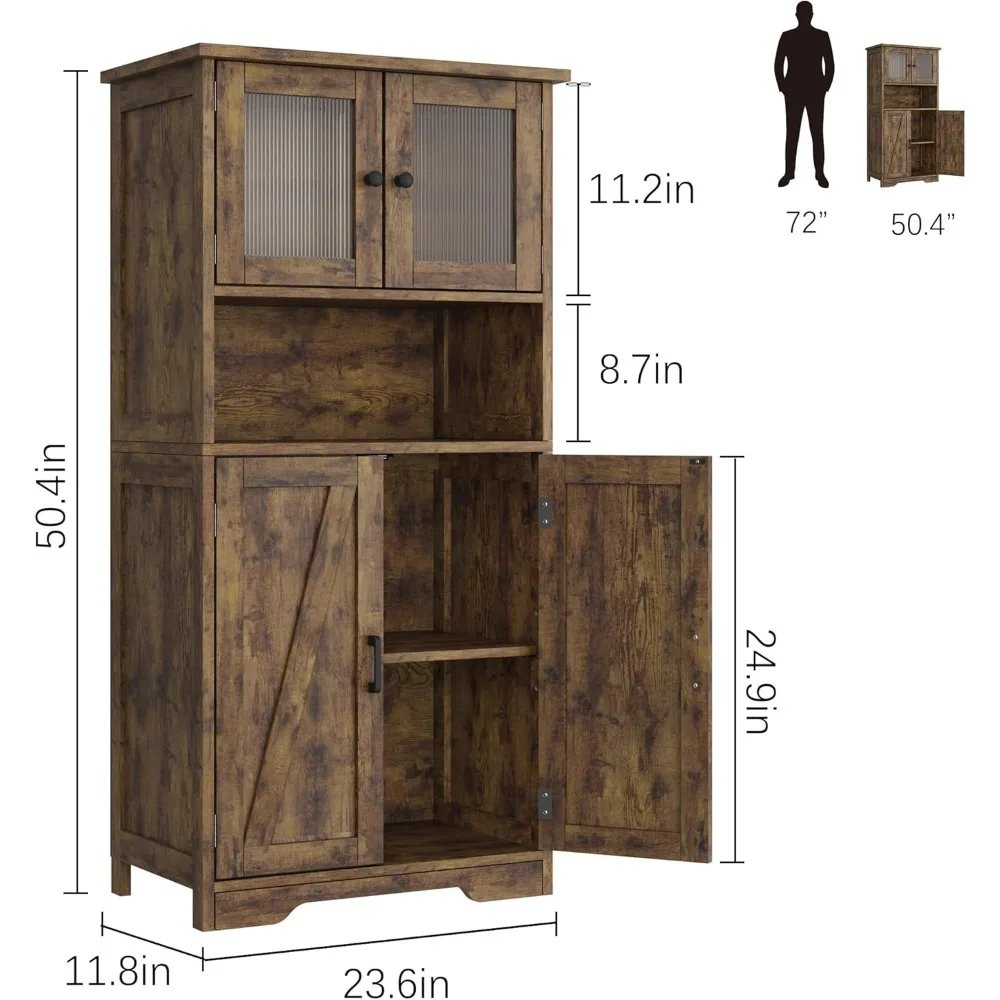 Bathroom Cabinet, Freestanding Floor Linen Storage Cabinet, Kitchen Pantry Storage Cabinet with Glass Doors & Adjustable Shelves