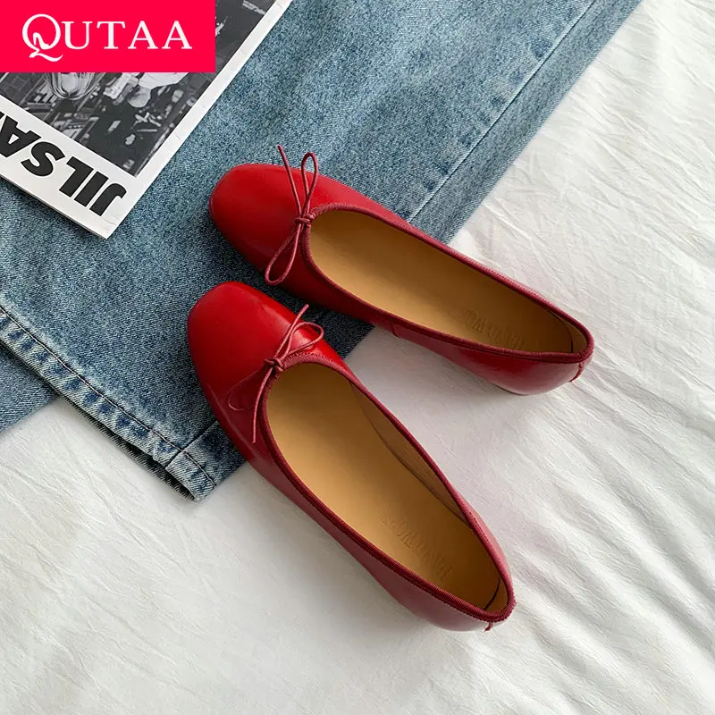 QUTAA 2025 Fashion Women Shoes Flats Heels Leather Ballet Spring Red Summer Round Toe Casual Pumps Shoes Woman Size 34-39