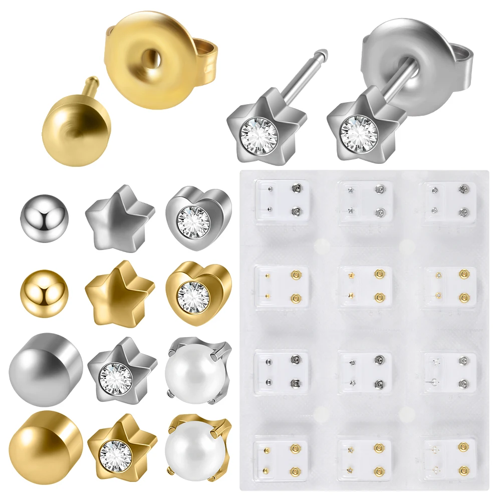 12pairs/Dozen Surgical Steel Gold Plated Ear Stud CZ Heart Star Flower Crown Women Earrings Non-Sterilize