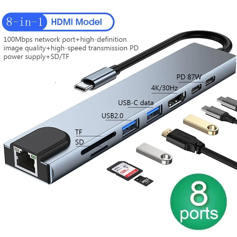 

8 в 1 USB C 3,0 Hub Type C адаптер для ноутбука 4K HDMI-совместимый 100M RJ45 Ethernet SD/TF карта PD USB 3,0 док-станция разделитель