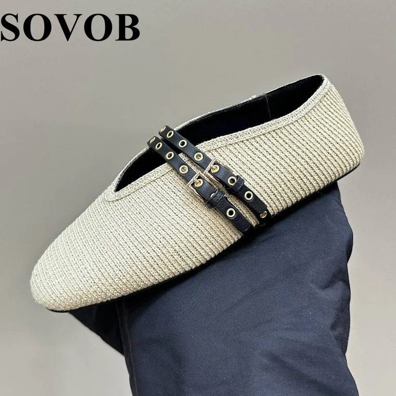 

Spring Autumn Women Round Toe Ballet Shoes With Double Rows Of Metal Leather Buckles Mary Jane Single Shoes Hemp Fiber Flat Shoe