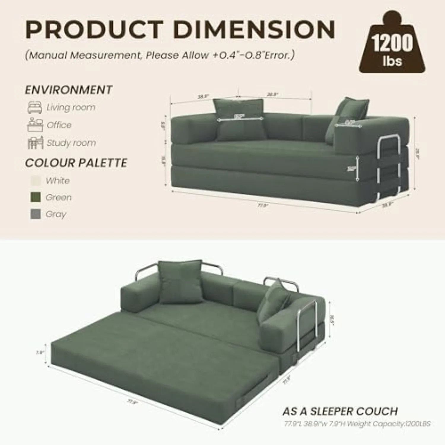 78 Inch Convertible Sofa Bed, 5-in-1 Futon Sofa Bed Pull Out Couch, Boneless Couch Bed for Living Room, Corduroy