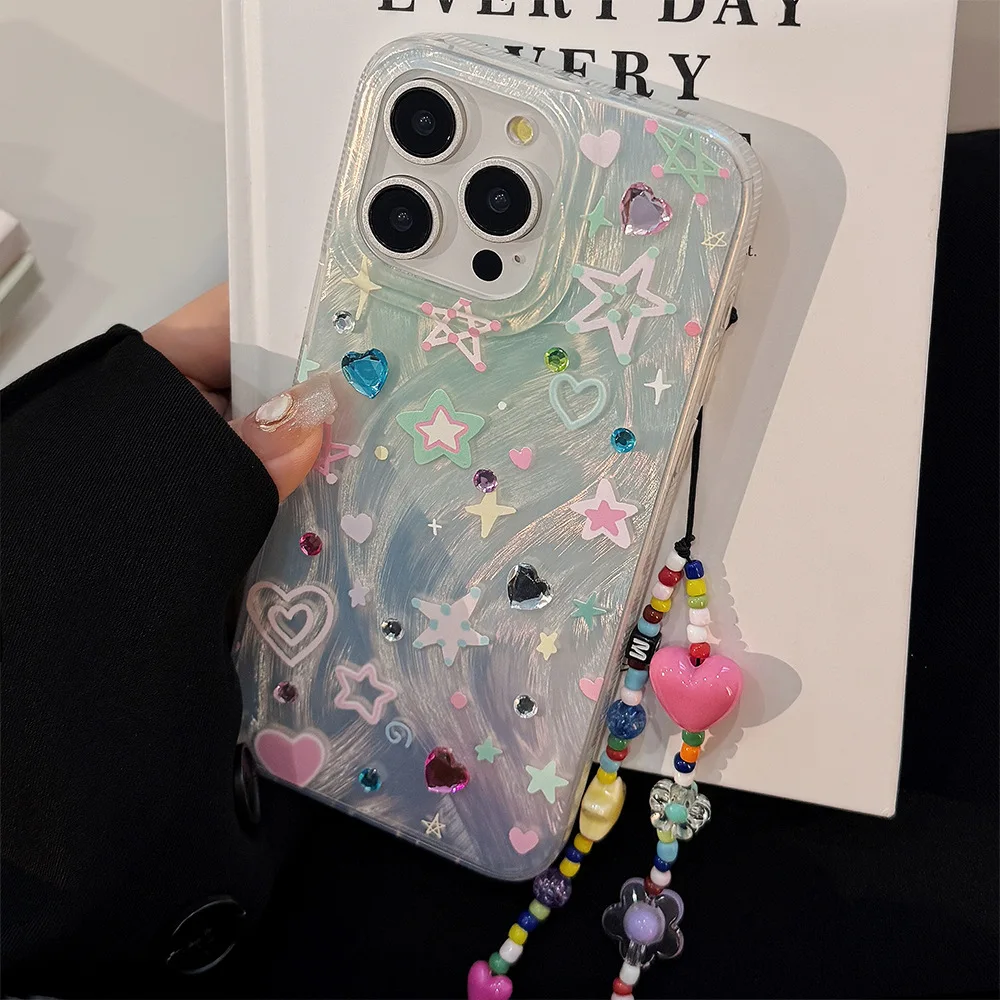 1/6PCS iPhone 16/17 Multicolor Starry Sky Phone Case Compact Multi-Color Chain Design Shock-Resistant Protection