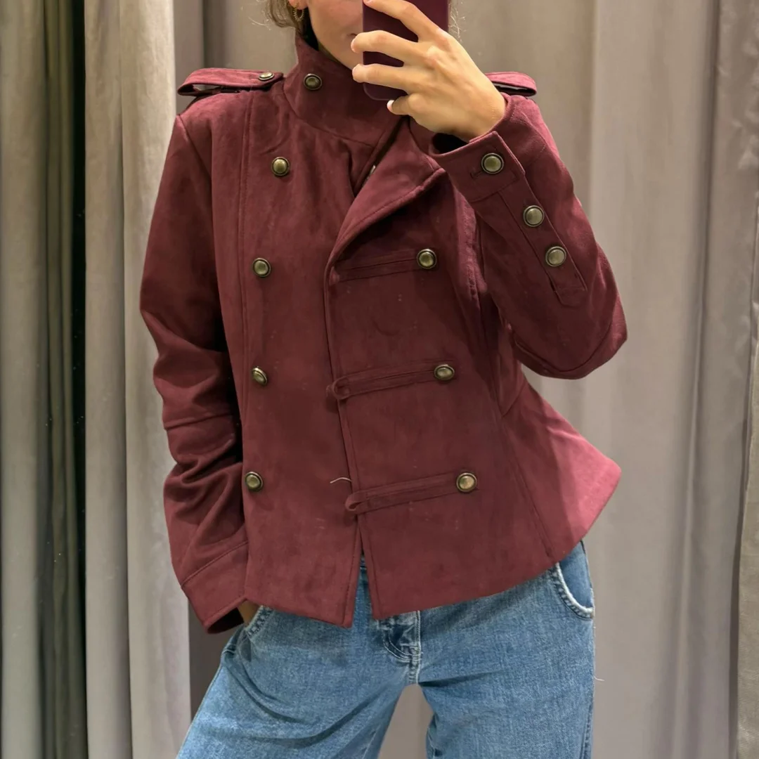 Womens Vintage Wine Red Suede Coat Double Breasted Lapel Collar Shoulder Strap Short Jacket Retro Streetwear Outerwear