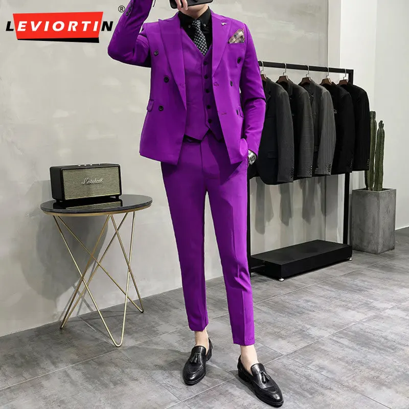 

(Suit+Tank Top+Pants) Korean version 3-piece business men's suit boutique set slim fitting high-end formal party wedding routine