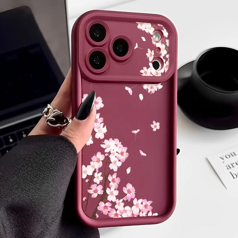 Rosa Pfirsichblüten-Muster Handyhülle für iPhone 17 Pro Air 16e 15 16 Pro Max 14 16 Plus 13 12 Pro Max Stoßfeste Weiche TPU-Hülle