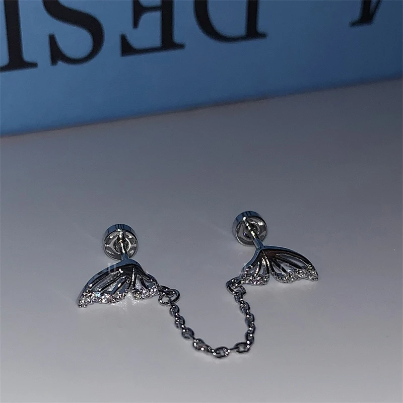 1PCS Sliver Color Butterfly Wing Chain Medical Titanium Steel Ear Bone Nail New Fashion Earrings for Women Cochlea Accessories