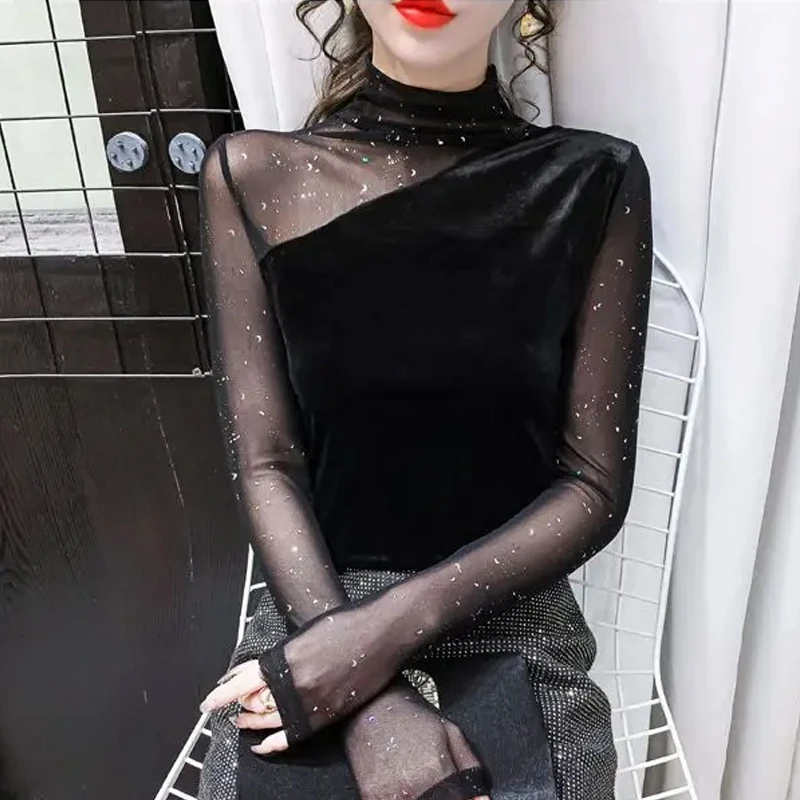 Sexy Patchwork Velvet Mesh Top Slim Fit Half High Collar Bottoming T shirt Autumn Winter Bright Silk Long Sleeve Women Tees