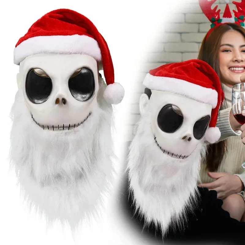 

Christmas Jack Skellington Mask with Red Hat Fake White Beard Movie Nightmare Cos Before Christmas Adult Latex Mask Party