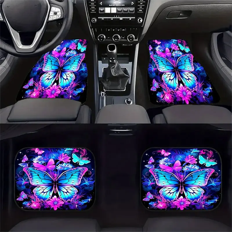 4 Colorful Butterfly Floral Pattern Car Floor Mat Set, Universal Anti-slip Crystal Velvet Material Effectively Collects Hair To