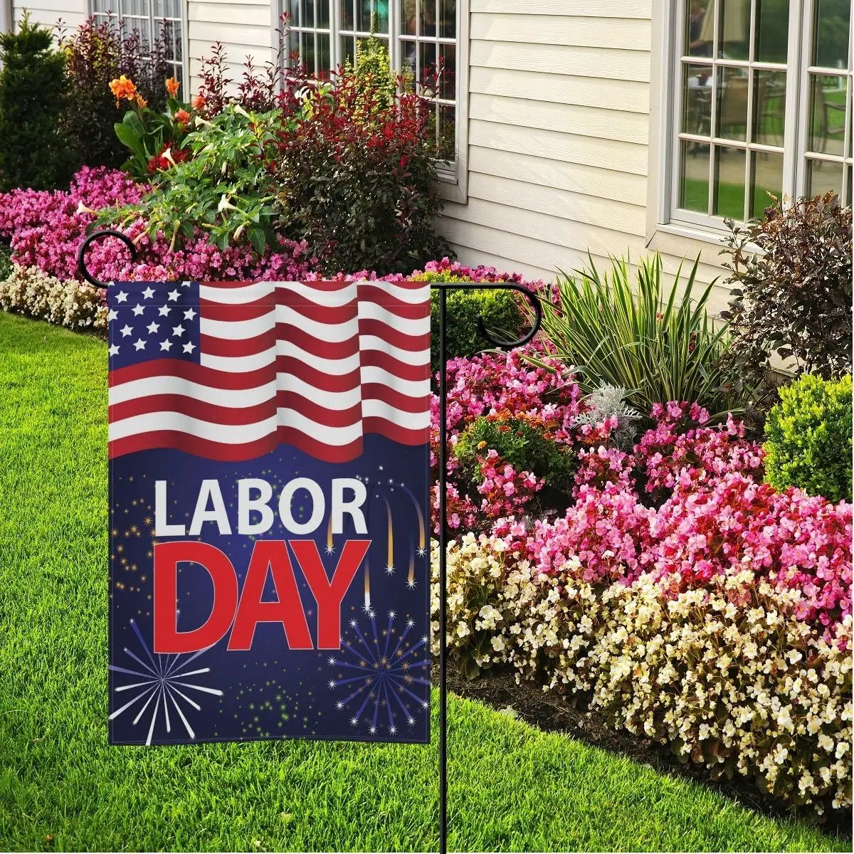 Wamika Happy Labor Day Garden Flags 12 x 18 Double Sided, Celebrate Labor Day Firwork Patriotic USA Flag Polyester Banner for Ho