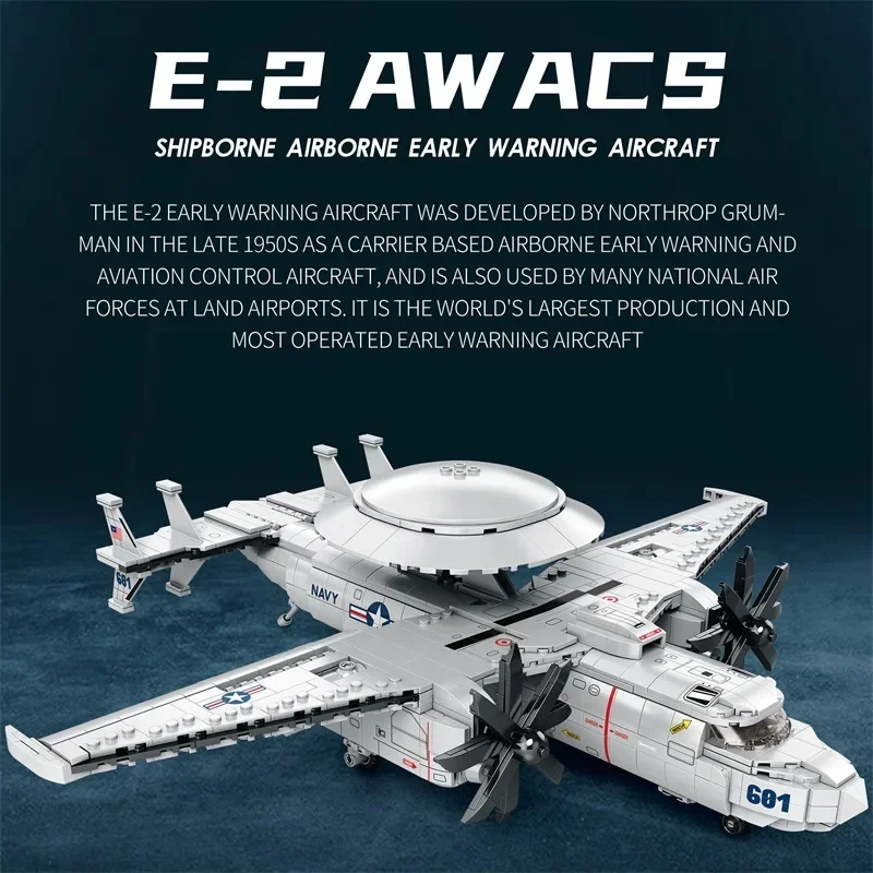 WW2 Military Series 1144Pcs E-2 Hawkeye Airborne Early Warning Collection Aircraft Model Building Blocks Bricks Kids Toys Gifts