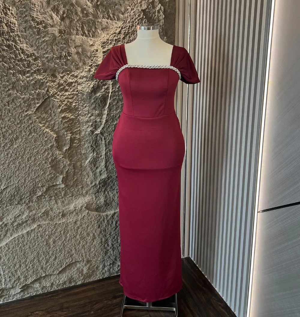 Customized Charmeuse Rhinestone Square Neck Straight Midi Dresses Bespoke Occasion Classic Exquisite Evening Party Gown
