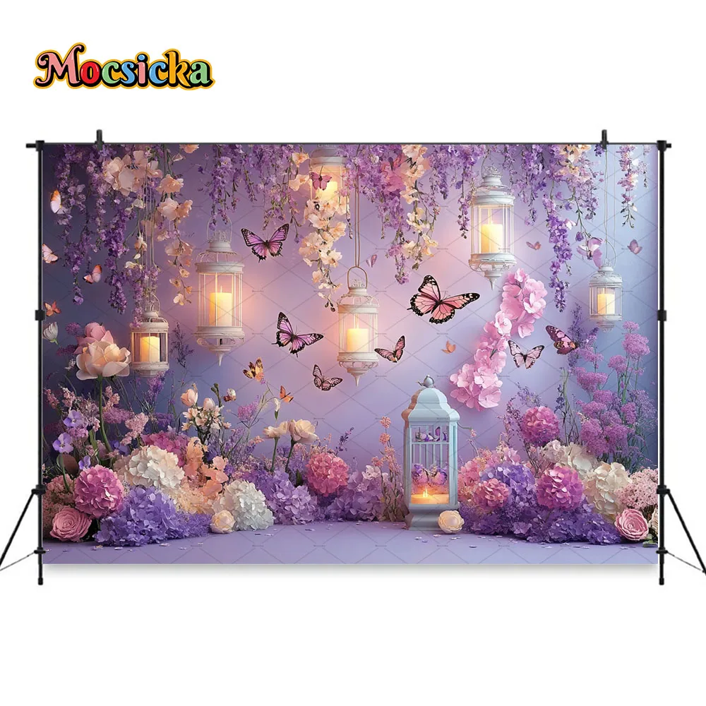 Girl Birthday Photography Background Purple Flower Wall Butterfly Candle Lantern Backdrop Baby Show Maternity Photo Studio Prop