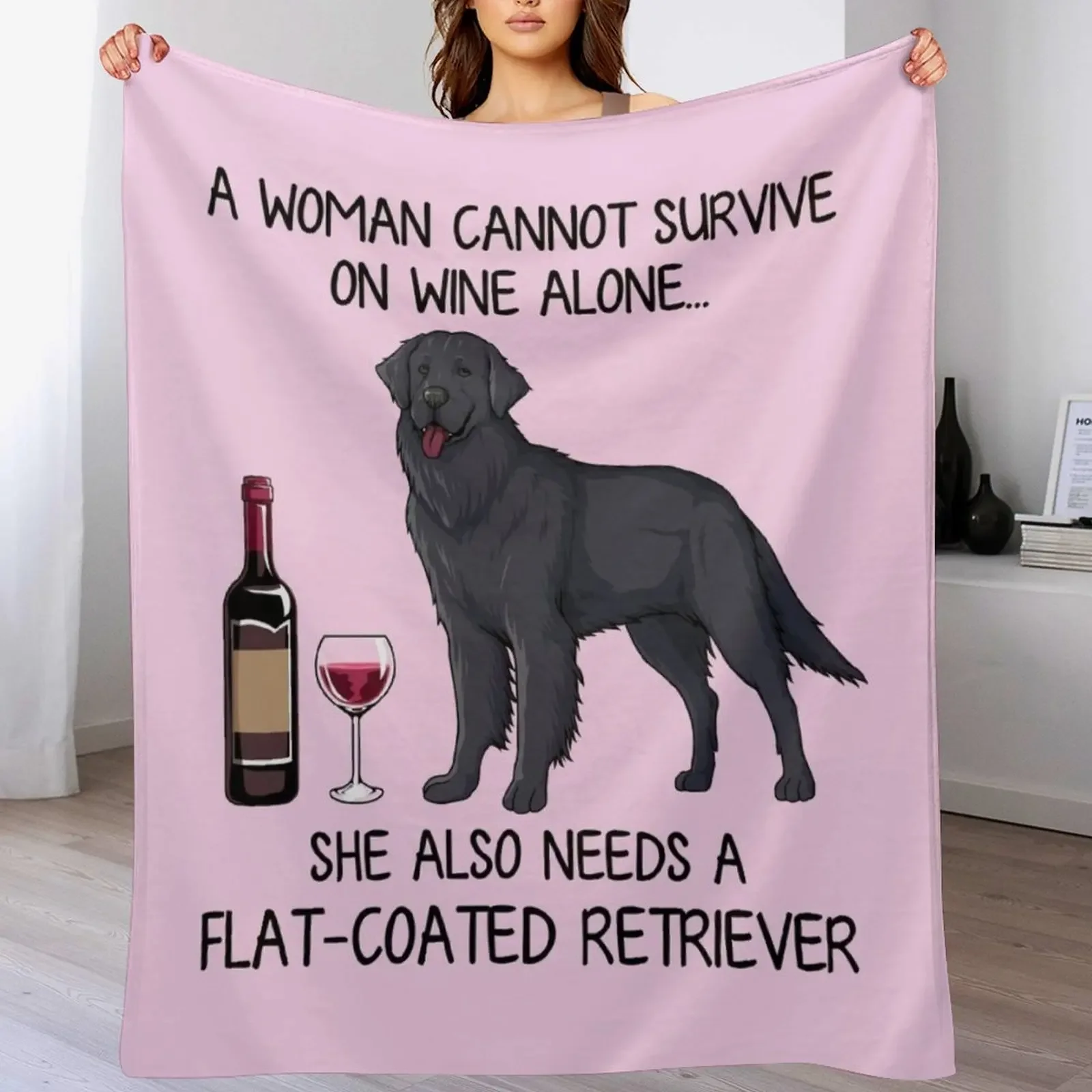 Flat-Coated Retriever and wine Funny gift for dog mom Throw Blanket sofa bed Hairy Soft Thins Blankets