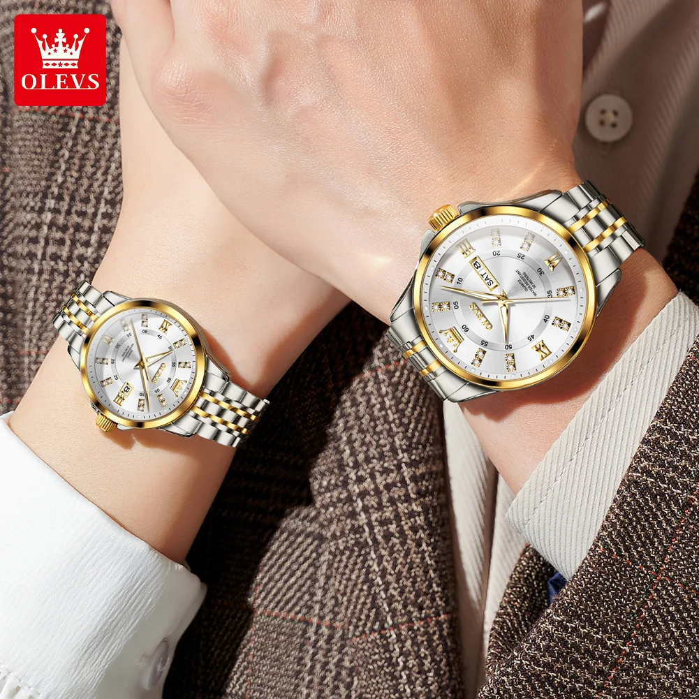 OLEVS Original Couple Watch 2 pcs Quzrtz Movement His and Her Watches Business Luxury Waterproof Watches Silver Gold 3620