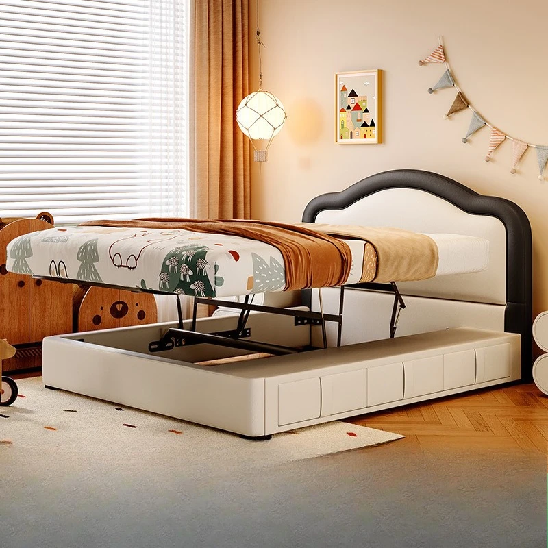 Cream wind leather children's bed modern minimalist boy retro high box storage girl princess bed