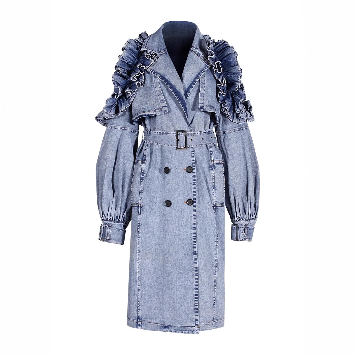 

SuperAen European and American Denim Trench Coat 2025 Autumn and Winter New Waist RUFFLES Long-sleeved Fashion Coat