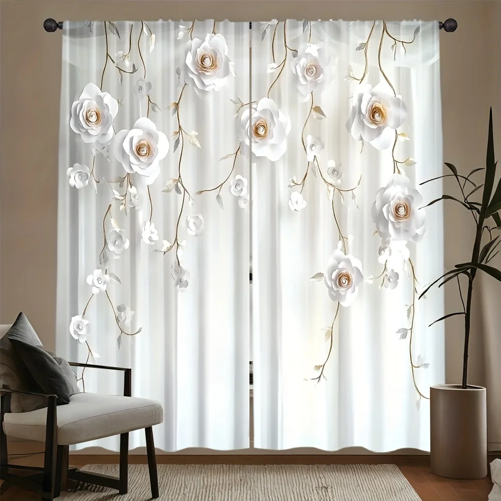 2 Pcs Elegant White Floral Sheer Curtains – Light Filtering Privacy Fabric for Living Room Bedroom Office, Modern Home Decor