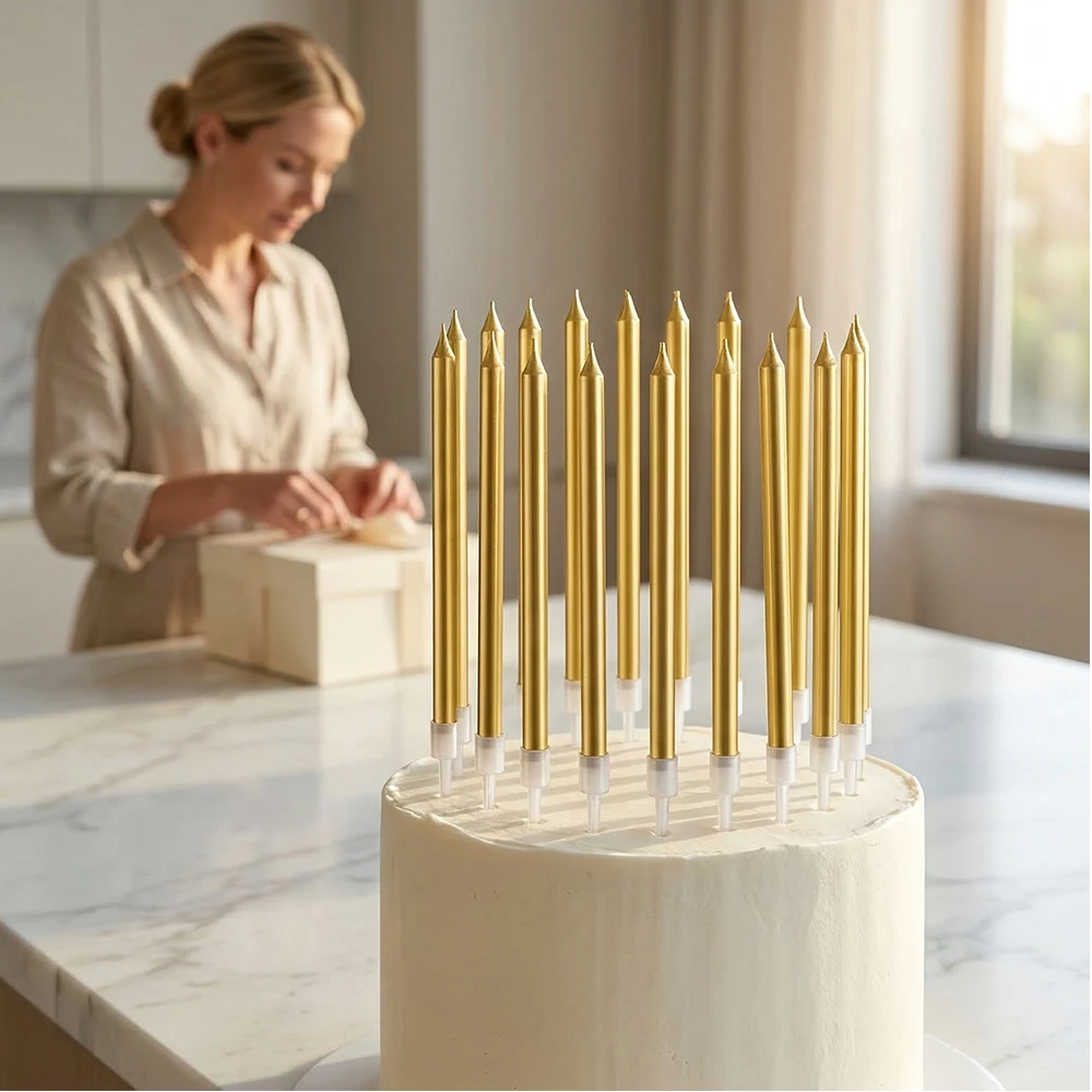 12er-Pack Lange Dünne Geburtstagskerzen Langsam Brennende Goldene Tortenkerzen für Geburtstag Hochzeit Glücksparty Dekoration – Detail 4