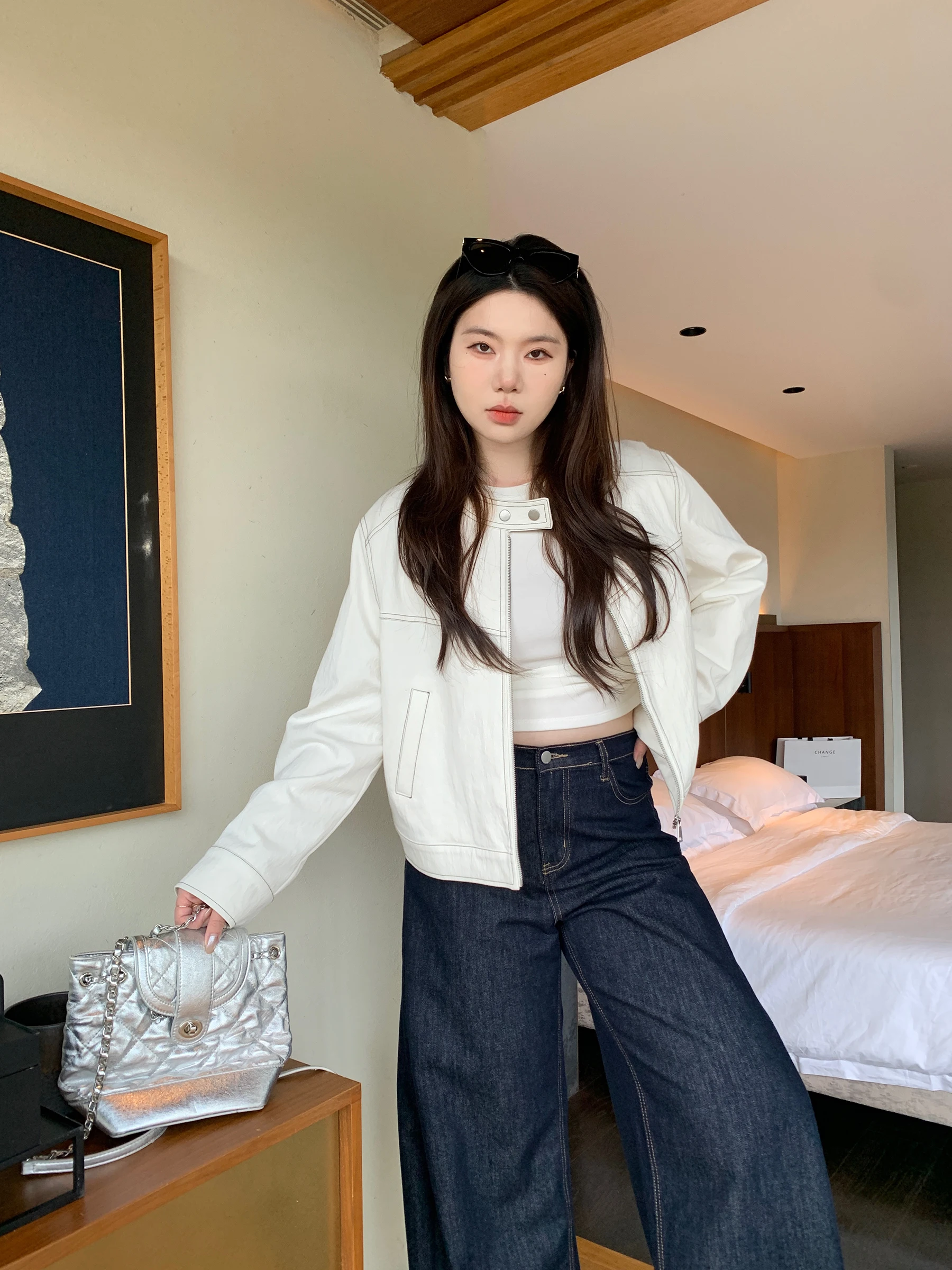 

Повседневная куртка-жакет M5T6 с микро-текстурой, воротником-стойкой и вышивкой, женская, весенняя, из смесового хлопка