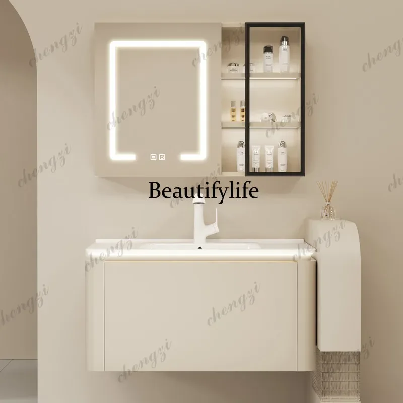 A17 Cream gray wind solid wood bathroom cabinet, smart mirror cabinet, round mirror integrated ceramic basin combination