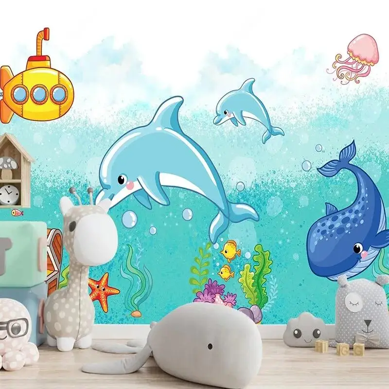Custom 3D Nordic Dolphin Wallpaper Hand-Painted Cartoon Mural for Kids' Room Creative Ocean Theme Children's Bedroom Wall Art